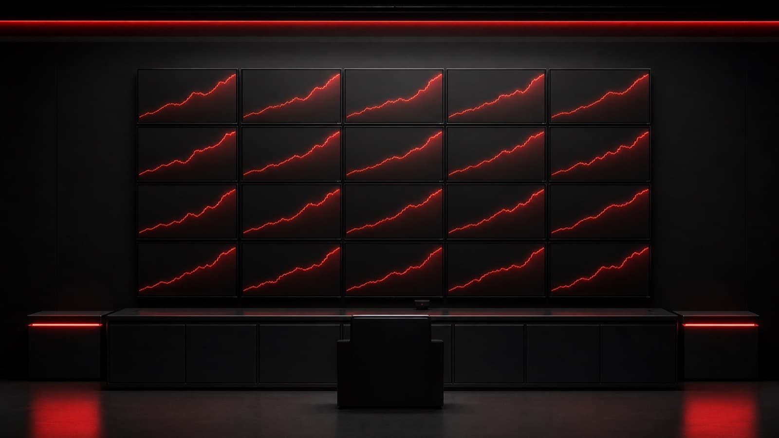 A wall of monitors tracking rising escape room booking and revenue graphs in red