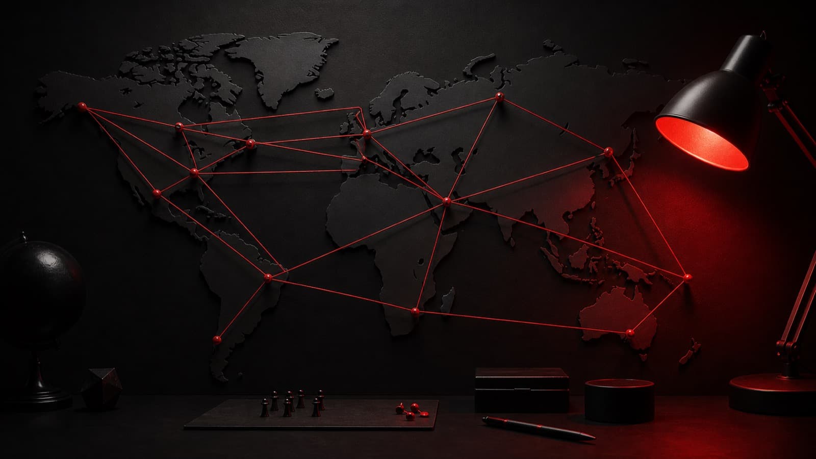 A strategy war-room map with red string connecting target cities, planning an escape room ad campaign